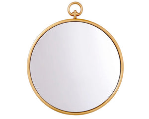 Round gold wall hanging mirror  Add cottage chic style to a wall gallery with this gorgeous mirror. It features a gold finish and is topped with a matching hook for hanging. It's the perfect size for tucking into a large wall collage.&nbsp;  Materials: Metal, glass  Dimensions: 13" in diameter overall