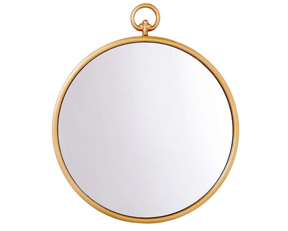 Round gold wall hanging mirror  Add cottage chic style to a wall gallery with this gorgeous mirror. It features a gold finish and is topped with a matching hook for hanging. It's the perfect size for tucking into a large wall collage.   Materials: Metal, glass  Dimensions: 13