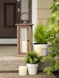 A rustic wooden lantern with glass panels and a metal handle stands on a stone porch step beside potted green plants and white candles. A house door and siding are blurred in the background.