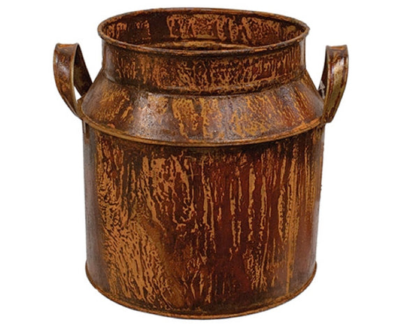 Rustic metal container with handles on a white background