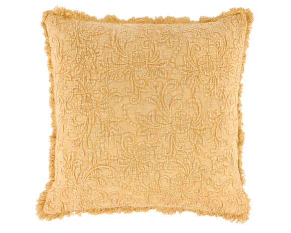 Yellow textured pillow with intricate patterns on a white background