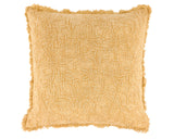 Yellow textured pillow with intricate patterns on a white background