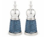Pair of silver and blue woven salt and pepper shakers on a white background