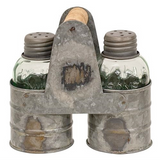 Vintage-style salt and pepper shaker set in a metal holder on a white background
