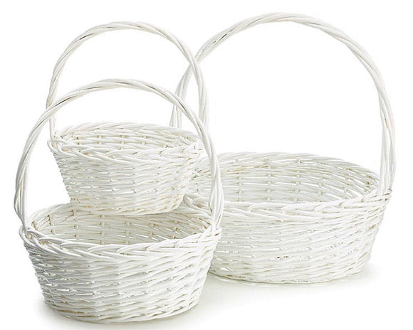 Set of 3 white wicker baskets

This nested set of round white painted willow baskets with overhead handles is perfect for storing toys and small items in an easily accessibly way. They are also great for using as gift baskets.

Materials:
Wicker

Dimensions:
Smallest basket -
4