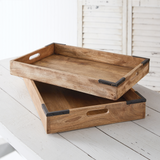 These quality-made trays would go great on shelves, coffee tables, or the kitchen countertop to display your favorite items or serve refreshments. Made of solid mango hardwood, this set of trays has metal corner accents. This set is a great gift choice.