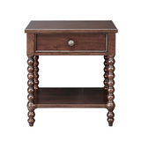 Wooden side table with a drawer on a white background