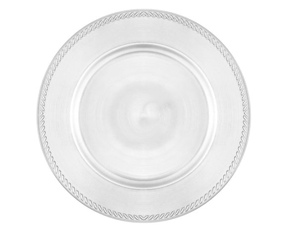 Silver beaded plate charger

Perfectly designed for an elegant aesthetic, this perfect addition to your event is the finishing touch. Each plate features a silver finish with beaded rope detailing along the edge. With a perfect finish, this well-built and durable charger plate is made to last for many occasions. 

Materials:
Plastic 

Dimensions:
13