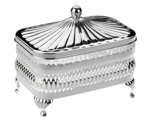 Queen Anne oblong silver butter dish

Romance the ordinary with this gorgeous butter dish. It features a silver-plated design, raised feet, and a coordinating lid. This piece would be perfect for a wedding gift.

Materials:
Metal

Dimensions:
4 1/4" high x 3 1/4" deep x 5 1/8" wide

Care:
Do not use silver polish. Wipe with a soft microfiber cloth occasionally.&nbsp;