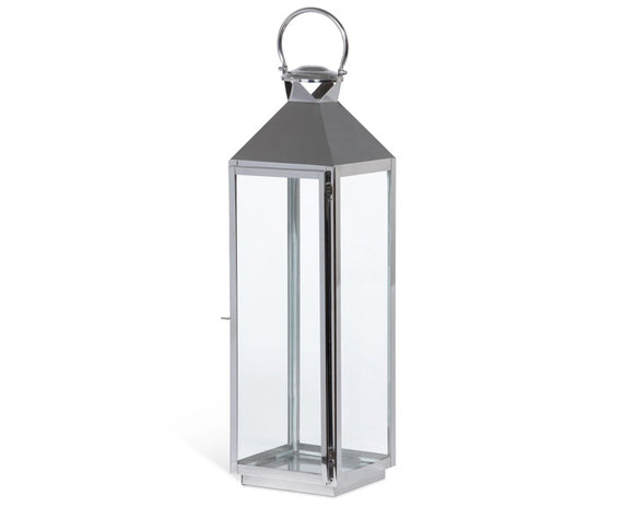 Silver lantern with a clear glass design on a white background