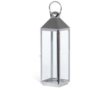 Silver lantern with a clear glass design on a white background