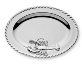 Silver platter with a lobster design on a white background