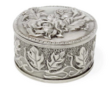 Pewter vintage rose embossed round box

This beautiful trinket box is perfect for storing keepsakes, small pieces of jewelry, rosary beads and other sentimental mementos. It is made of pewter alloy, features a hand-embossed design, and a premium black velvet interior.&nbsp;

Materials:
Pewter, velvet

Dimensions:
2 1/4" diameter x 1 1/4" high