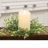 Sprouting smilax candle ring

This candle ring brings a fresh green accent to decorative displays. For spring, summer, or everyday use, this candle ring fits around a pillar candle or vase up to 3.25 inches in diameter. The ring features a textured green plastic base that sprouts green branches in various lengths for a realistic look. Each branch is adorned with a voluminous arrangement of detailed green leaves with dimensional pale green tips.

Materials:
Plastic, foam

Dimensions:
3 1/4" inner diameter
10