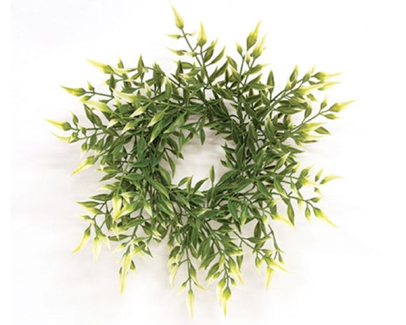 Sprouting smilax candle ring

This candle ring brings a fresh green accent to decorative displays. For spring, summer, or everyday use, this candle ring fits around a pillar candle or vase up to 3.25 inches in diameter. The ring features a textured green plastic base that sprouts green branches in various lengths for a realistic look. Each branch is adorned with a voluminous arrangement of detailed green leaves with dimensional pale green tips.

Materials:
Plastic, foam

Dimensions:
3 1/4