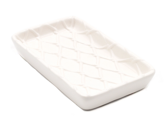 Rectangular white ceramic dish on a white background