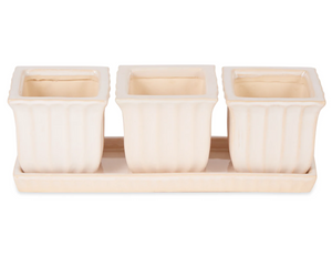 Cream ceramic small planter set

Growing herbs in your kitchen is easy and beautiful with this decorative ceramic pot set. This planter set will become a favorite piece that will last for years to come. It's the perfect gift to give to friends and family who enjoy gardening.

Materials:
Ceramic

Dimensions:
4" high&nbsp;x 4" deep x 12" wide