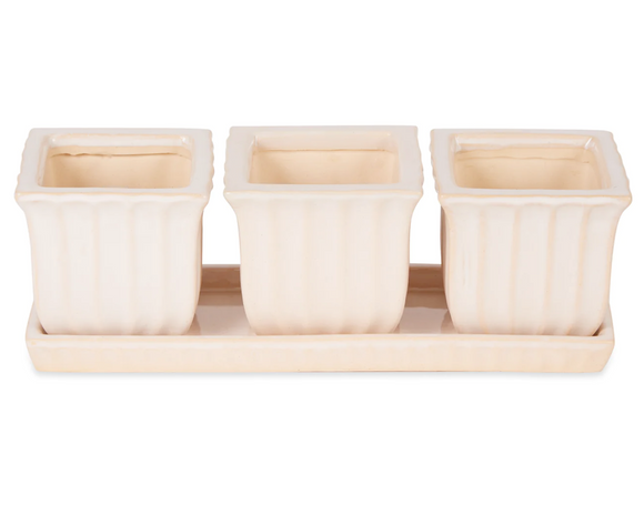 Cream ceramic small planter set

Growing herbs in your kitchen is easy and beautiful with this decorative ceramic pot set. This planter set will become a favorite piece that will last for years to come. It's the perfect gift to give to friends and family who enjoy gardening.

Materials:
Ceramic

Dimensions:
4