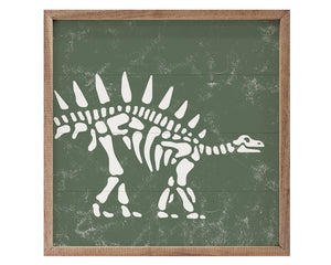This unique stegosaurus-themed piece is a fun way to bring charm to a playroom or kid's bedroom. It is made from high quality American hardwood planks with a hand painted face, and printed with UV cured ink, and it is framed in a natural walnut frame. Each piece is unique with its own personality, marks, wood grain, and look.&nbsp;

This item is proudly made in the USA.

Materials:
Wood

Dimensions:
16" wide x 1 1/2" deep x 16" high