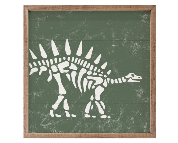 This unique stegosaurus-themed piece is a fun way to bring charm to a playroom or kid's bedroom. It is made from high quality American hardwood planks with a hand painted face, and printed with UV cured ink, and it is framed in a natural walnut frame. Each piece is unique with its own personality, marks, wood grain, and look. 

This item is proudly made in the USA.

Materials:
Wood

Dimensions:
16