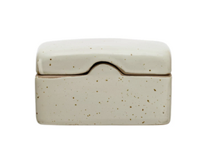 Store small trinkets or even condiment packets in this adorable little box. Made of stoneware, each box is unique with its own reactive glaze, speckled, creamy neutral pattern. The lid is completely removable.&nbsp;  Materials: Stoneware  Dimensions: 1 3/4" high x 3 1/4" square