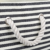 Black &amp; white striped storage bin

This large storage bin is an ideal solution for your home organization needs. Its elegant pinstripe design adds a touch of sophistication to any room, while its generous size ensures ample storage.&nbsp;

Materials:
Paper, fabric, rope

Dimensions:
12" high x 12" deep x 17" wide
