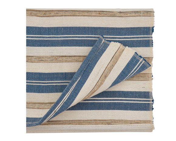 Striped blue & tan table runner  The striped design table runner is a highly versatile piece for your tabletop, as you can easily dress it up or down to fit both everyday meals and casual occasions. The different stripes create the perfect backdrop for a stylish meal. You can pair it with either matching placemats or solid colors for a contrasting effect.   Materials: Water hyacinth  Dimensions: 14