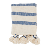 Beige and blue striped towel with tassels on a white background