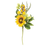 Artificial sunflower arrangement with green leaves and small yellow flowers on a white background