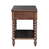 Wooden side table with a dark finish on a white background