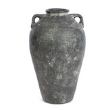 Black textured vase with two handles on a white background