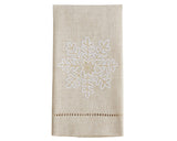 Beige towel with white snowflake design on a white background