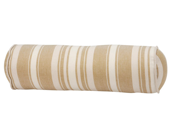 Roll-up cushion with beige and white stripes on a white background