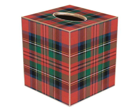 Tissue box cover with red and green plaid pattern on a white background