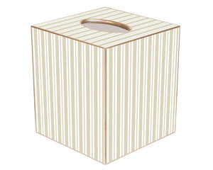 This beige striped decoupage tissue box cover is handmade to order by a wonderful team in Houston. They easily slide over any cubed tissue box cover. The artwork is hand-cut, decoupaged, and polished. Each tissue box cover is hand-painted in gold around the edges as the finishing touch.

This item is proudly made in the USA.