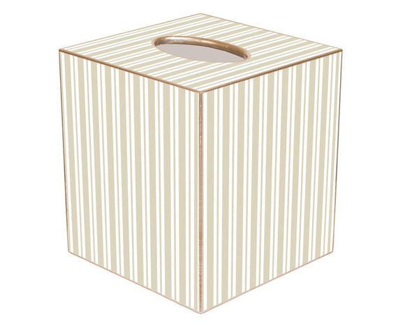 This beige striped decoupage tissue box cover is handmade to order by a wonderful team in Houston. They easily slide over any cubed tissue box cover. The artwork is hand-cut, decoupaged, and polished. Each tissue box cover is hand-painted in gold around the edges as the finishing touch.

This item is proudly made in the USA.