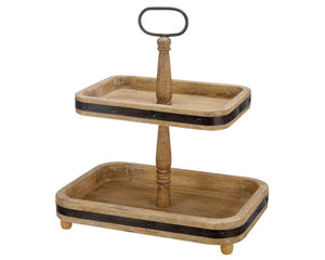 Two-tiered wooden tray with a handle on a white background