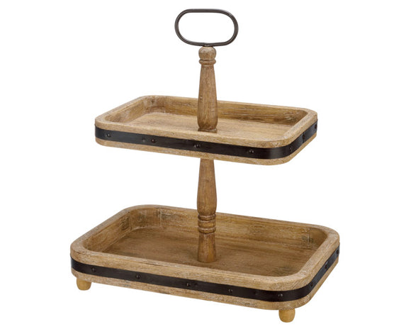 Two-tiered wooden tray with a handle on a white background