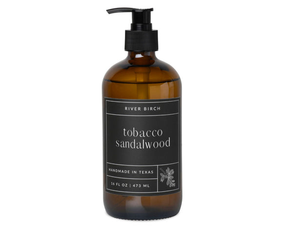 Tobacco sandalwood soap bottle with pump on a white background