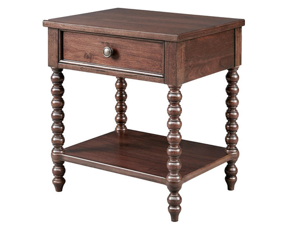 Wooden side table with a drawer on a white background