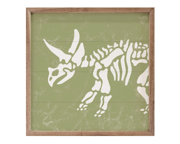 This unique triceratops-themed piece is a fun way to bring charm to a playroom or kid's bedroom. It is made from high quality American hardwood planks with a hand painted face, and printed with UV cured ink, and it is framed in a natural walnut frame. Each piece is unique with its own personality, marks, wood grain, and look.   This item is proudly made in the USA.