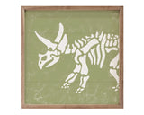 This unique triceratops-themed piece is a fun way to bring charm to a playroom or kid's bedroom. It is made from high quality American hardwood planks with a hand painted face, and printed with UV cured ink, and it is framed in a natural walnut frame. Each piece is unique with its own personality, marks, wood grain, and look.&nbsp;  This item is proudly made in the USA.