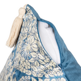 Blue and white patterned bag with a tassel on a white background