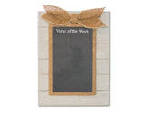 White 'Verse of the Week' framed chalkboard

Add a charming touch with this "Verse of the Week" chalkboard featuring a distressed wood frame, burlap details, and a cute bow. It can be hung on a wall, but it is also perfect for a table or kitchen counter.

Materials:
Wood, chalkboard, burlap

Dimensions:
11" wide x 14" long