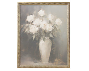 This piece features a gorgeous bouquet of vintage roses printed on raw natural canvas giving it a time worn look. The print is framed in an ornate beaded gold frame that has an antiqued gold and silver patina finish. This is a great piece for a bedroom or sitting room.

Materials:
Canvas, wood

Dimensions:
16" wide x 20" long