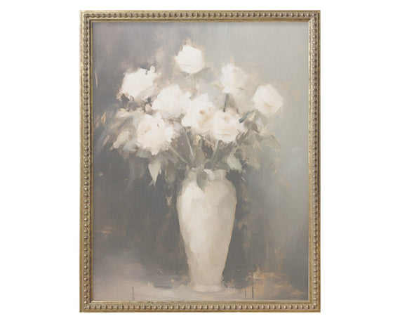 This piece features a gorgeous bouquet of vintage roses printed on raw natural canvas giving it a time worn look. The print is framed in an ornate beaded gold frame that has an antiqued gold and silver patina finish. This is a great piece for a bedroom or sitting room.

Materials:
Canvas, wood

Dimensions:
16
