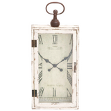 Keep track of time in style with this vintage-inspired white wall clock. Requires 1 AA battery, not included. The clock face features Roman numerals framed by a wooden case that is painted in an antique white and brown finish. At more than 2 feet long, this clock would look great in a kitchen.