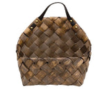  Store magazines or mail with this lovely wall basket. It features a deep brown finish. It has a single ear handle for wall hanging and it is accented by gold studs for contrast. It also has a flat bottom for tabletop display.
 