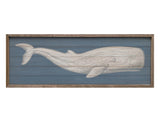 large neutral toned whale atop blue background framed in wood