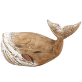 Large neutral beige &amp; white whale shelf sitter

This large decorative whale features a driftwood-inspired design made of natural wood with white painted accents and distressed details. The decorative white whale features aged metal for the fins and eyes. Our large whale shelf sitter is designed to free-stand on any flat surface making it easy to display. This is a great rustic beach-themed home accent that coordinates well with primitive home decor.

Materials:
Wood, metal
